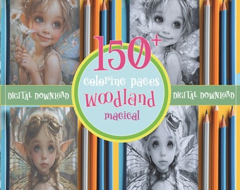 May include: A digital download of over 150 colouring pages featuring woodland fairies. The image shows three fairies with wings, one with flowers, one with goggles, and one with a crown. The text "150+ Colouring Pages Woodland Magical" is in a pink circle.
