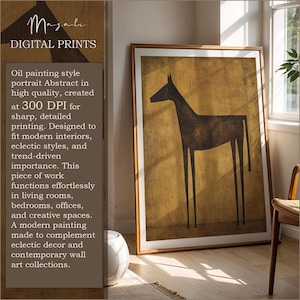 Puede incluir: Una impresión de arte enmarcada que presenta la silueta de un caballo estilizado de color marrón oscuro sobre un fondo texturizado de color marrón dorado. El texto a la izquierda dice: Magali DIGITAL PRINTS. Retrato al óleo, alta calidad, 300 DPI.