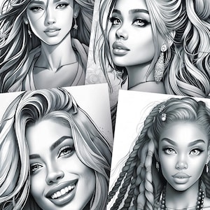 May include: Four black and white illustrations of women's faces with different hairstyles. The women are drawn in a realistic style with detailed features.