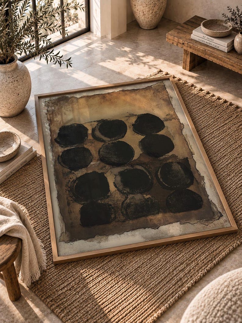 May include: A rectangular framed wall art piece featuring a series of twelve dark black circular shapes arranged in a grid pattern against a textured, mottled brown and tan background with uneven, deckled edges within a thin light wood frame.