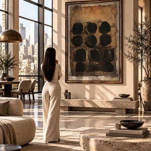May include: A large rectangular wall art piece featuring a grid of nine dark black circles set against a textured, distressed brown and tan background, enclosed within a thin, dark metallic frame, displayed prominently on a neutral-toned wall.