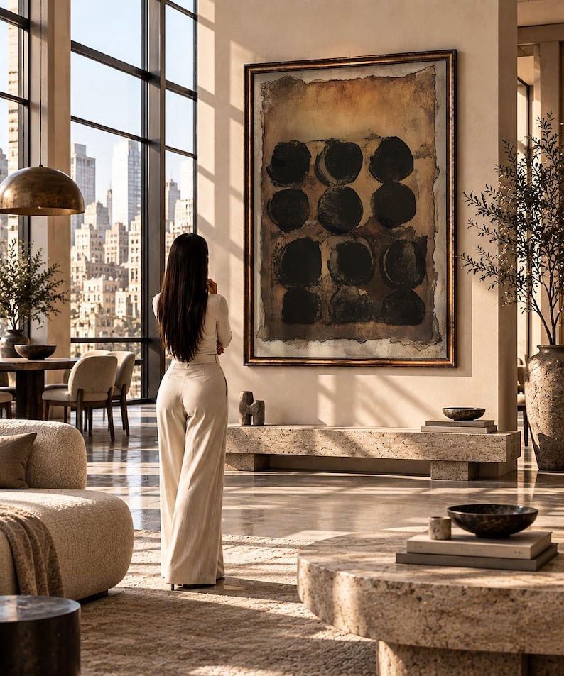 May include: A large rectangular wall art piece featuring a grid of nine dark black circles set against a textured, distressed brown and tan background, enclosed within a thin, dark metallic frame, displayed prominently on a neutral-toned wall.