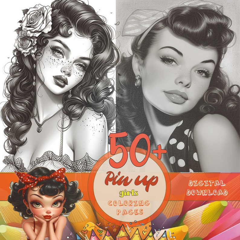 Pin up Girls Coloring Pages Bundle PRINTABLE Coloring Book Retro Women ...