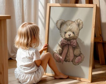 Vintage print for nursery DIGITAL DOWNLOAD Boho kids room decor Teddy Bear with a bow PRINTABLE wall art  Coquette print Gift for newborn.