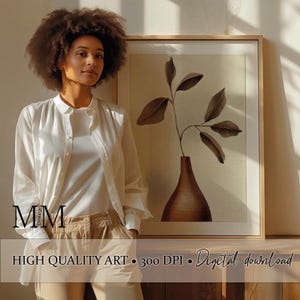 May include: A framed art print featuring a brown vase with a plant and leaves. The artwork is in a wooden frame. The image also includes the text "HIGH QUALITY ART • 300 DPI • Digital download".