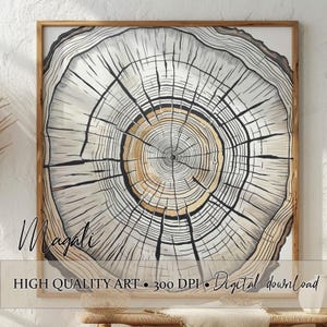 May include: A digital art print of a tree trunk cross section with concentric rings in shades of brown, black, and white. The print is titled "Magli" and is 300 DPI.