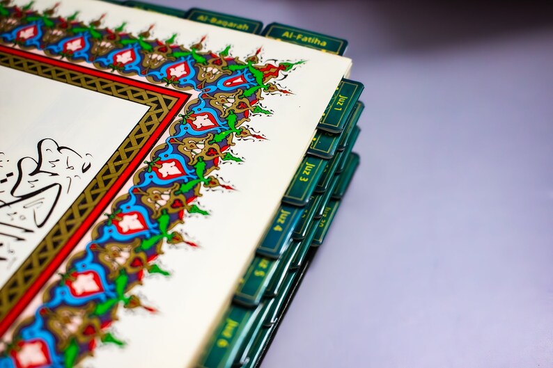 Premium Quran JUZ Tabs Arabic or English Doublesided, Easy Apply, Laminated Surah Index Tabs