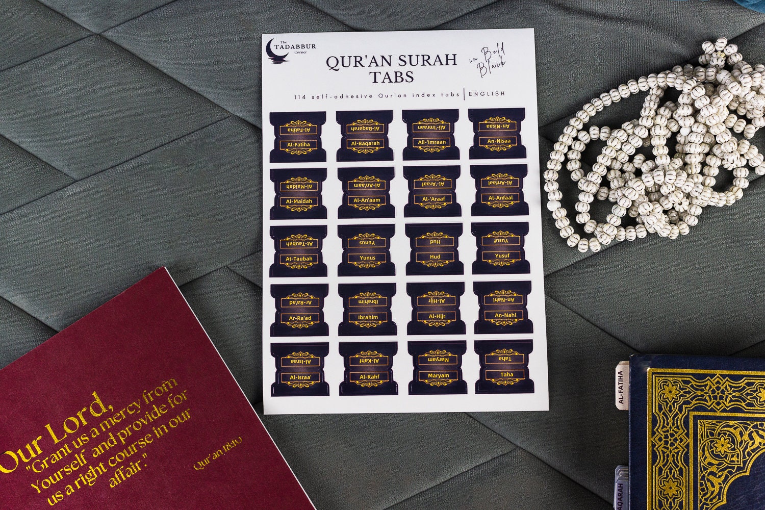 Premium Handmade Quran Tabs Arabic or English Doublesided, Easy Apply, Laminated Surah Index