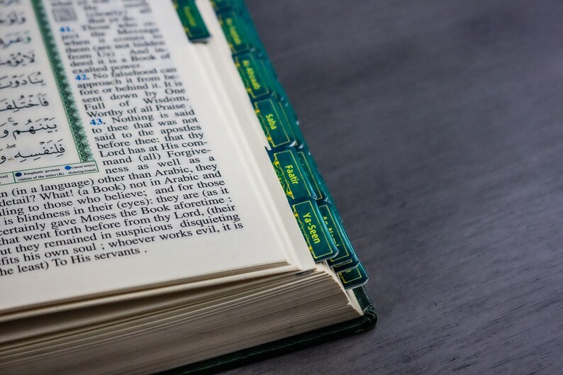 Premium Handmade Quran Tabs Arabic or English Doublesided, Easy Apply, Laminated Surah Index