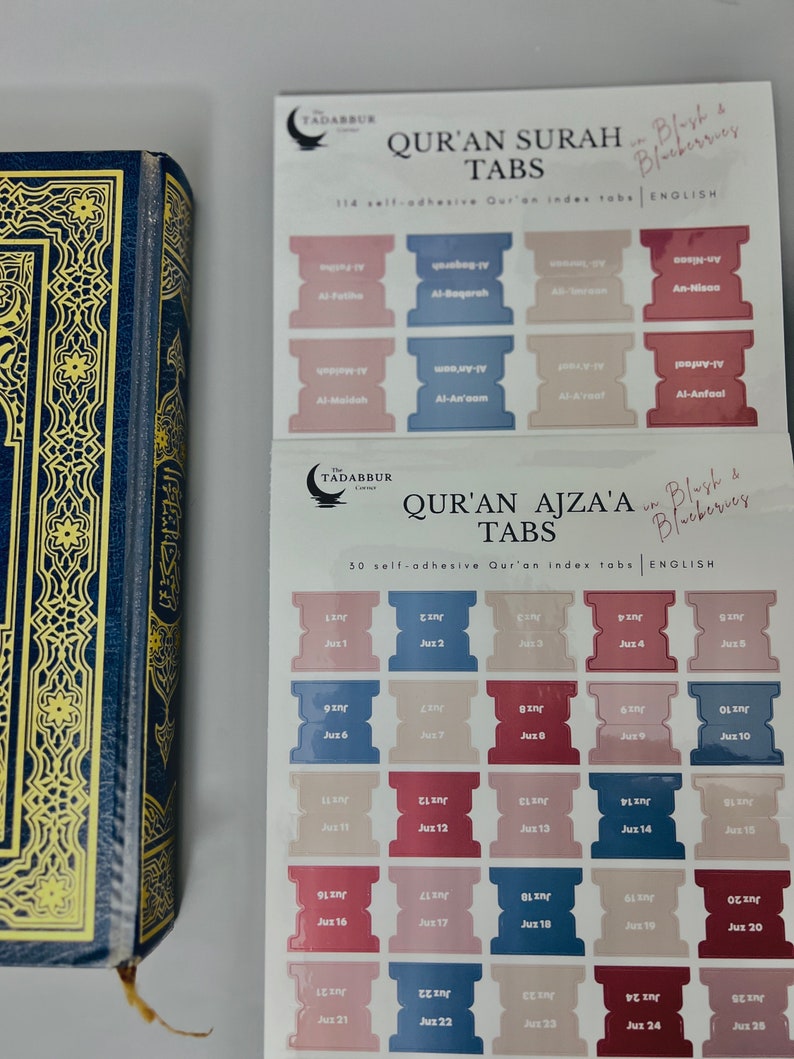 Premium Handmade Quran Tabs English Blush Tones Doublesided, Easy Apply, Laminated Surah or Juz