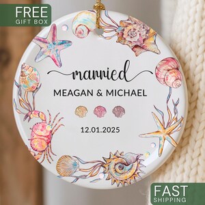 Personalized Beach Wedding Ornament, Tropical First Christmas Married Ornament, Custom Newlywed Keepsake Coastal Seashell Xmas Ornament
