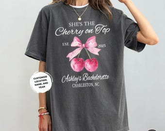 Custom Cherry Bachelorette Shirt Cherry On Top Bach Party T-shirt Coquette Personalized Bridal Party Gift for Bride Cute Comfort Colors Tee