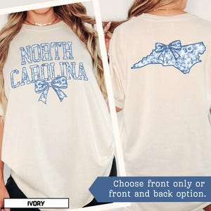 North Carolina Blue Toile Shirt North Carolina Home State Tshirt Women's Coquette Bow T-Shirt NC Travel Tee Vacation Souvenir NC Moving Gift image 3