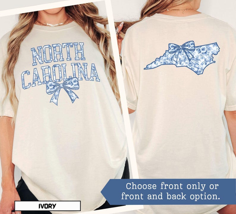 North Carolina Blue Toile Shirt North Carolina Home State Tshirt Women's Coquette Bow T-Shirt NC Travel Tee Vacation Souvenir NC Moving Gift image 3