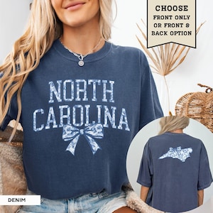 North Carolina Blue Toile Shirt North Carolina Home State Tshirt Women's Coquette Bow T-Shirt NC Travel Tee Vacation Souvenir NC Moving Gift image 1