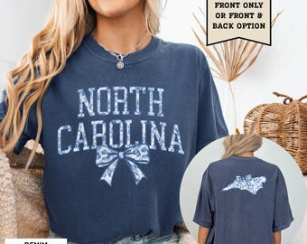 North Carolina Blue Toile Shirt North Carolina Home State Tshirt Women's Coquette Bow T-Shirt NC Travel Tee Vacation Souvenir NC Moving Gift