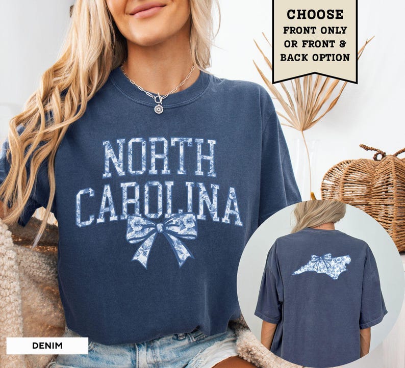 North Carolina Blue Toile Shirt North Carolina Home State Tshirt Women's Coquette Bow T-Shirt NC Travel Tee Vacation Souvenir NC Moving Gift image 1
