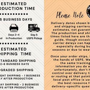 text and icons related to estimated production time and shipping time for a business. The text provides information about the estimated time for production and shipping, as well as the shipping carrier's estimated delivery times. The icons represent different days of the week and the days of the week of the month. The image is a collage of multiple images, and the text is not a single continuous paragraph but rather a series of smaller blocks of text.
