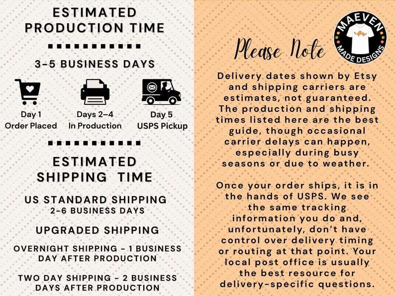 text and icons related to estimated production time and shipping time for a business. The text provides information about the estimated time for production and shipping, as well as the shipping carrier's estimated delivery times. The icons represent different days of the week and the days of the week of the month. The image is a collage of multiple images, and the text is not a single continuous paragraph but rather a series of smaller blocks of text.