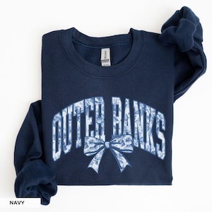 Outer Banks Sweatshirt Blue Toile Women&#39;s Outer Banks Pogue Crewneck Coquette Bow Sweatshirt North Carolina Shirt Vacation Souvenir OBX Gift