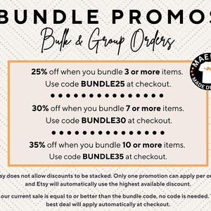 The image is a promotional banner for bundle promotions on Etsy, featuring a list of discounts and codes for bulk and group orders.