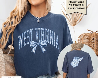 West Virginia Blue Toile Shirt West Virginia Home State Tshirt Women's Coquette Bow T-Shirt West Virginia Tee Vacation Souvenir Moving Gift