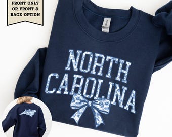 North Carolina Sweatshirt Blue Toile Shirt NC Home State Crewneck Coquette Bow Sweater North Carolina Gift Travel Souvenir Women's Pullover