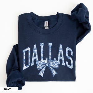 Dallas Sweatshirt Blue Toile Women's Dallas Crewneck Coquette Bow Sweatshirt Dallas Vacation Souvenir Dallas Gift for Dallas Girl Shirt