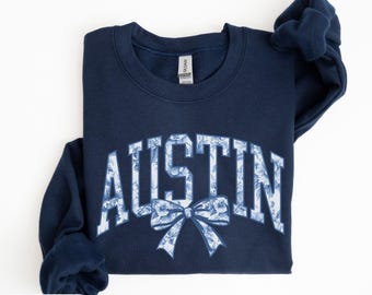 Austin Texas Sweatshirt Blue Toile Women's Austin Crewneck Coquette Bow Sweatshirt Austin Vacation Souvenir Austin Gift Texas Local Pullover