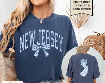New Jersey Blue Toile Shirt New Jersey Pride Tshirt New Jersey Home State Tee Women's Coquette Bow T-Shirt NJ Vacation Souvenir Moving Gift