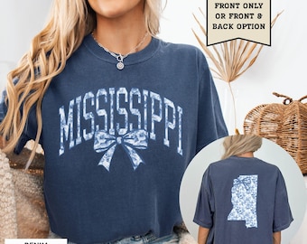 Mississippi Blue Toile Shirt Mississippi Pride Home State Tshirt Women's Coquette Bow T-Shirt Mississippi Vacation Souvenir MI Moving Gift