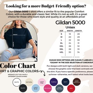 The image is a promotional graphic for a GILARD 5000 t-shirt, featuring a woman sitting in a chair and a color chart with various color options.