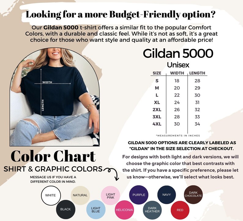 The image is a promotional graphic for a GILARD 5000 t-shirt, featuring a woman sitting in a chair and a color chart with various color options.