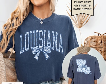 Louisiana Blue Toile Shirt Louisiana Pride Home State Tshirt Women's Coquette Bow T-Shirt Louisiana Vacation Souvenir Louisiana Moving Gift