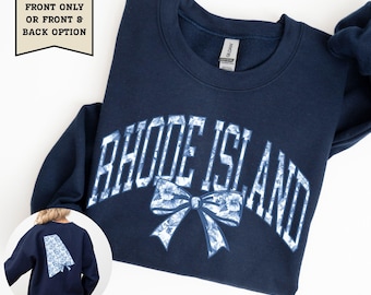Rhode Island Sweatshirt Blue Toile Shirt RI Home State Crewneck Coquette Bow Sweater Rhode Island Moving Gift Travel Souvenir Women Pullover