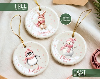 Personalized Girls Christmas Ornament, Custom Baby's First Christmas Bunny Ornament Girl Xmas Ornament for New Baby Keepsake, Baby Girl Gift