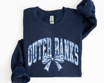 Outer Banks Sweatshirt Blue Toile Women's Outer Banks Pogue Crewneck Coquette Bow Sweatshirt North Carolina Shirt Vacation Souvenir OBX Gift