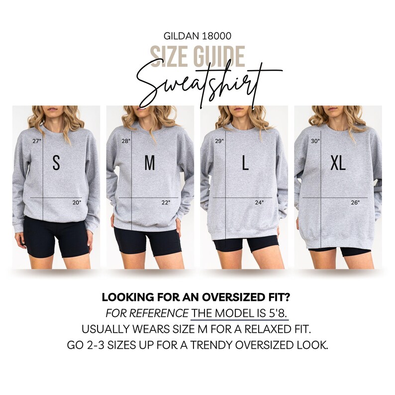 The image is a size guide for a gray sweatshirt, showing the different sizes available for a relaxed fit.