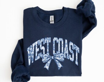 West Coast Sweatshirt Blue Toile Women's West Coast Crewneck Coquette Bow Sweatshirt West Coast Vacation Souvenir West Coast Moving Gift