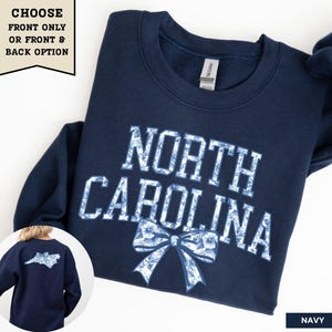 North Carolina Sweatshirt Blue Toile Shirt NC Home State Crewneck Coquette Bow Sweater North Carolina Gift Travel Souvenir Women&#39;s Pullover