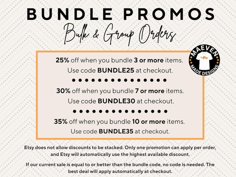 The image is a promotional banner for bundle promotions on Etsy, featuring a list of discounts and codes for bulk and group orders.
