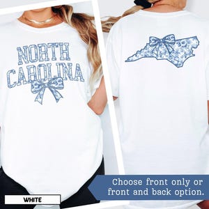 North Carolina Blue Toile Shirt North Carolina Home State Tshirt Women's Coquette Bow T-Shirt NC Travel Tee Vacation Souvenir NC Moving Gift image 6