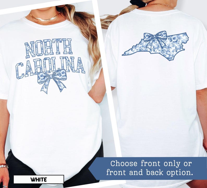 North Carolina Blue Toile Shirt North Carolina Home State Tshirt Women's Coquette Bow T-Shirt NC Travel Tee Vacation Souvenir NC Moving Gift image 6