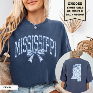 Mississippi Blue Toile Shirt Mississippi Pride Home State Tshirt Women's Coquette Bow T-Shirt Mississippi Vacation Souvenir MI Moving Gift