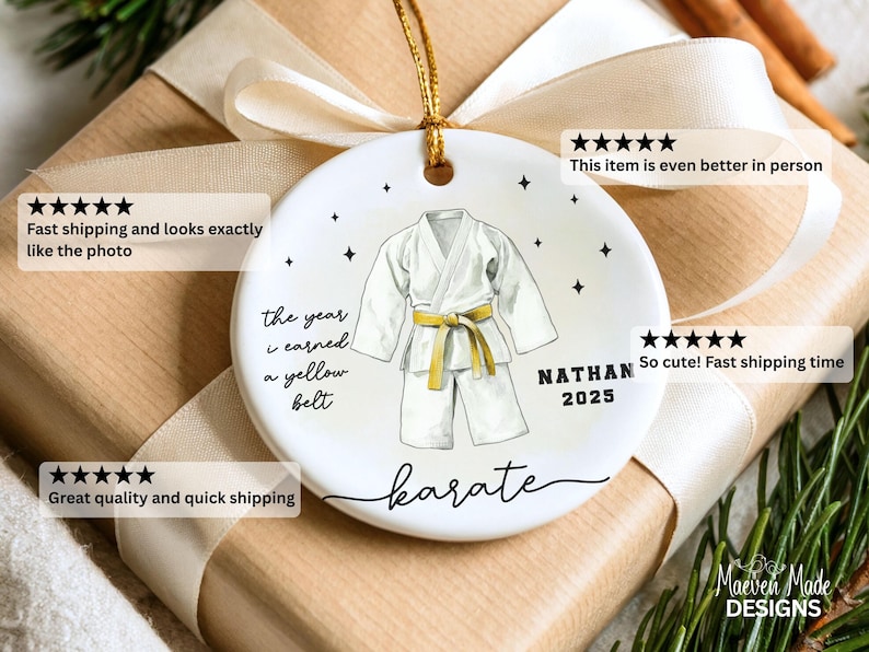 Custom Karate Ornament Personalized Martial Arts Christmas Ornament Black Belt Gift for Kids Karate Keepsake Taekwondo Belt Rank Gift Xmas image 6