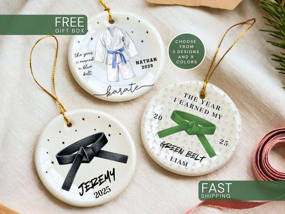 Custom Karate Ornament Personalized Martial Arts Christmas Ornament Black Belt Gift for Kids Karate Keepsake Taekwondo Belt Rank Gift Xmas