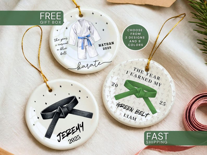 Custom Karate Ornament Personalized Martial Arts Christmas Ornament Black Belt Gift for Kids Karate Keepsake Taekwondo Belt Rank Gift Xmas image 1