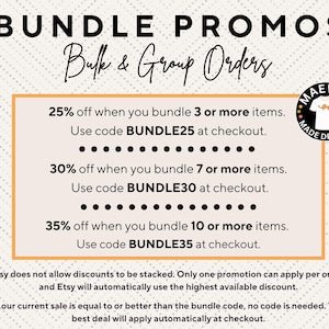 The image is a promotional banner for bundle promotions on eBay, featuring a list of discounts and codes for bulk and group orders.