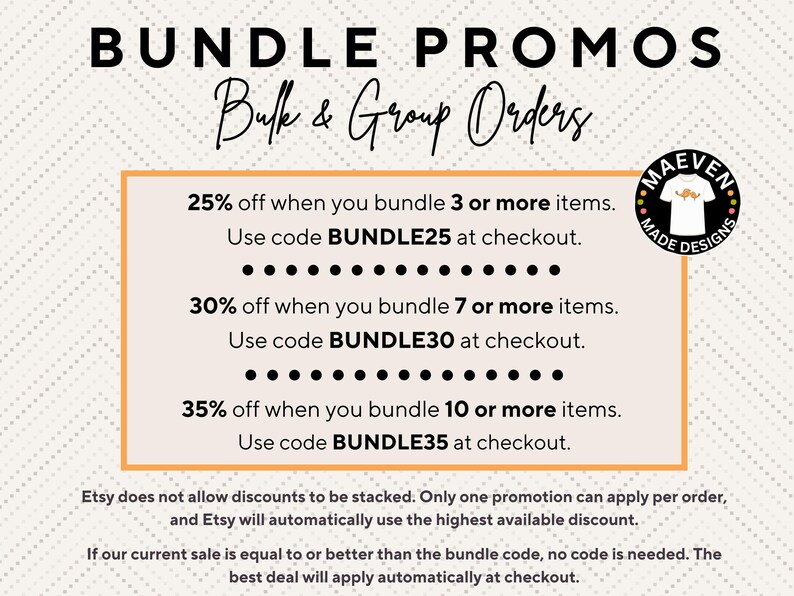 The image is a promotional banner for bundle promotions on eBay, featuring a list of discounts and codes for bulk and group orders.