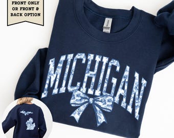 Michigan Sweatshirt Blue Toile Shirt Michigan Home State Crewneck Michigan Coquette Pullover Michigan Vacation Shirt MI Travel Gift Souvenir